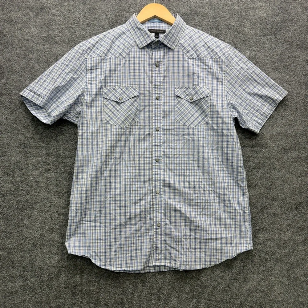 Banana Republic Western Button Shirt Mens XL Blue Short Sleeve Plaid Casual